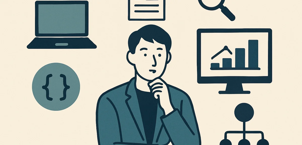 A flat illustration of various IT job icons spread around a central figure, calm business colors of 