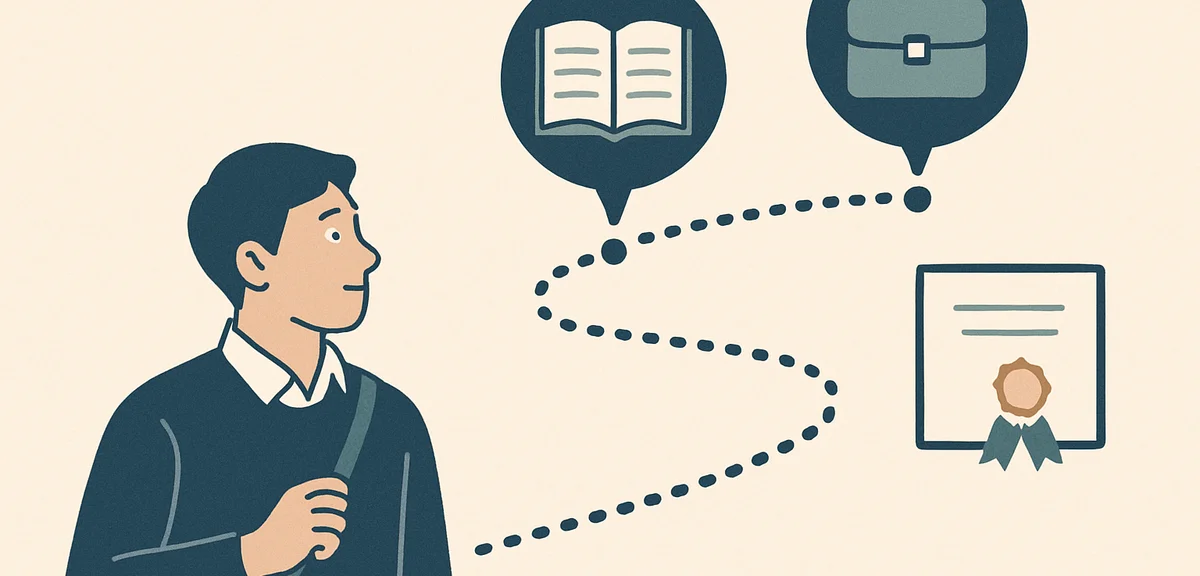 A flat illustration of a learning roadmap with milestones and certificates, muted blue and warm tone