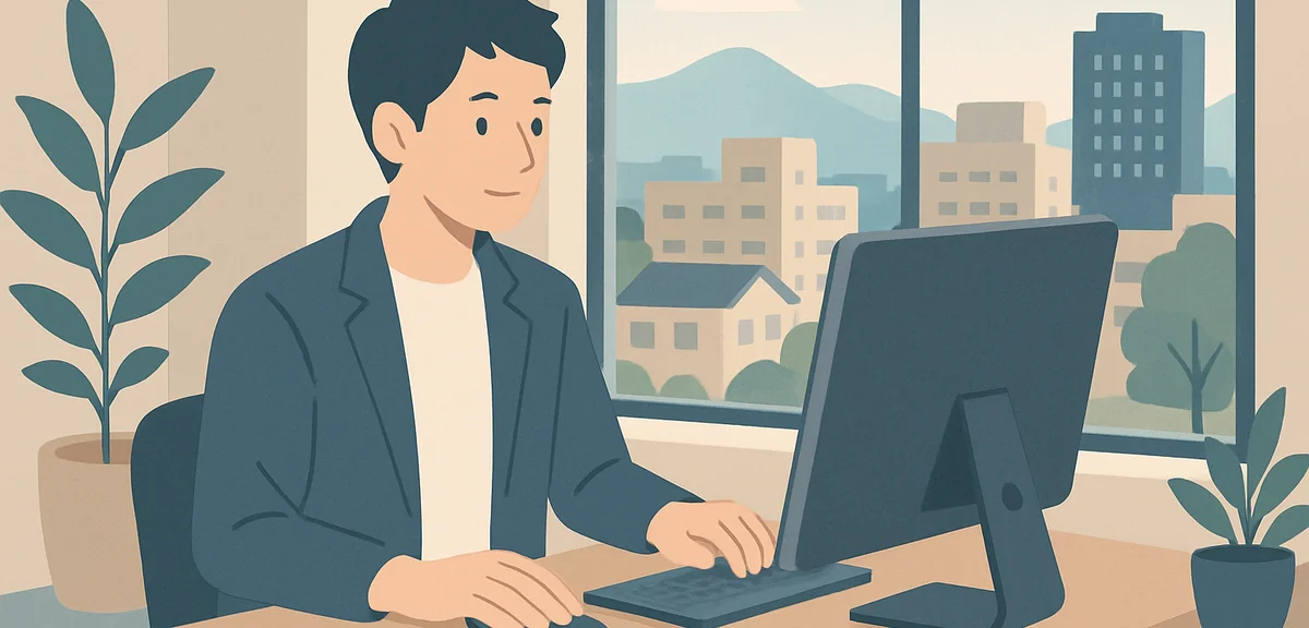 A flat illustration of a regional city office with a person working on a digital project, soft paste