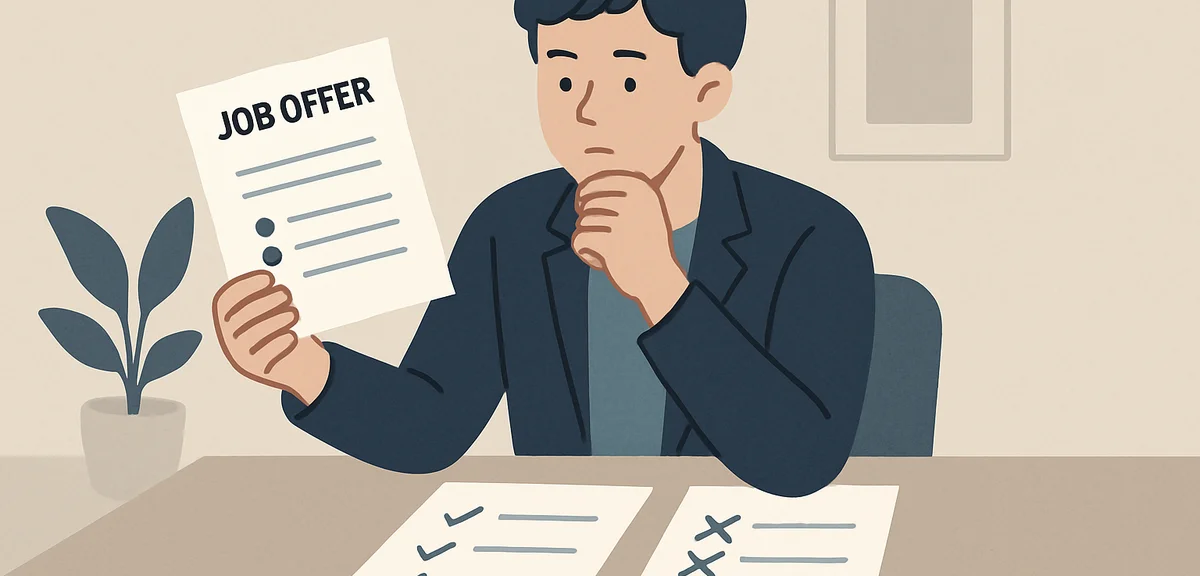 A flat illustration of a person comparing two job offers at a desk with pros and cons lists, warm gr