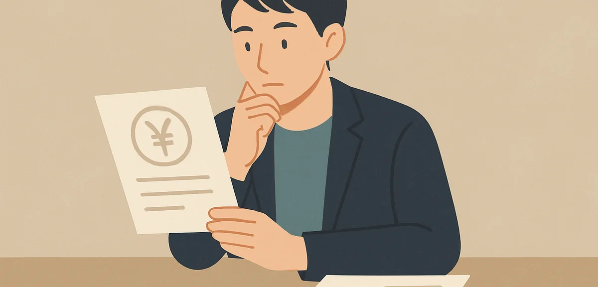 A flat illustration of a person looking at financial documents about salary and benefits, muted eart