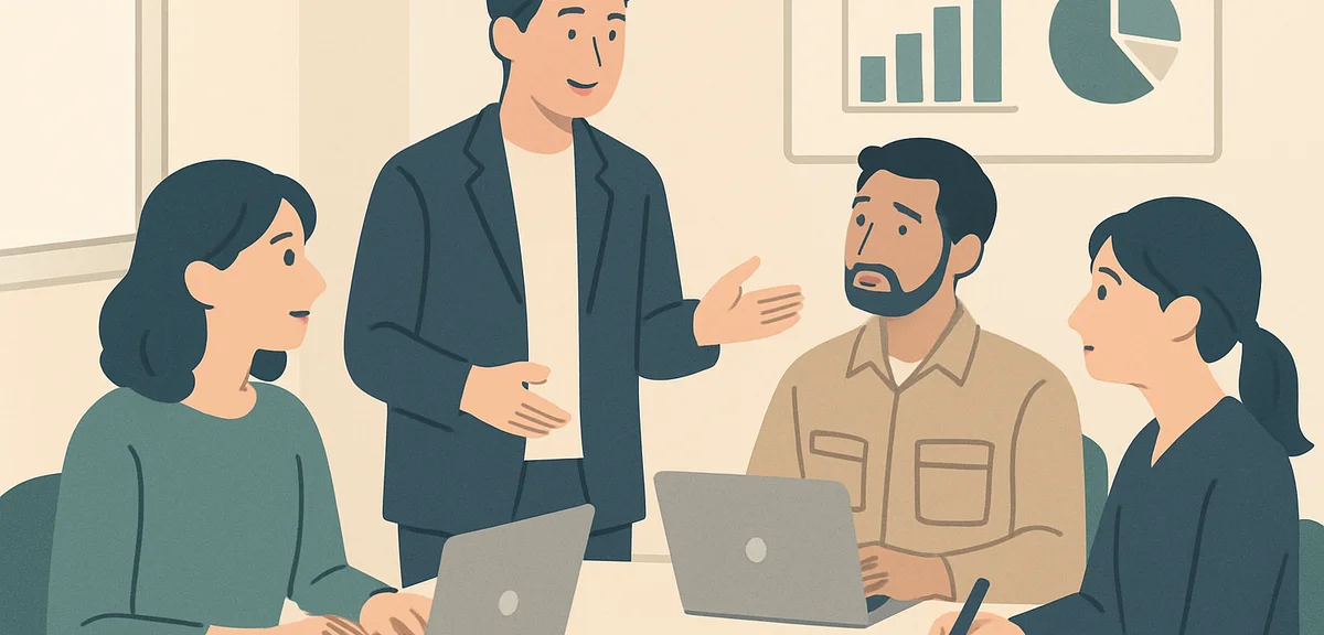 A flat illustration of a small office team meeting with diverse roles, soft cream and teal palette, 