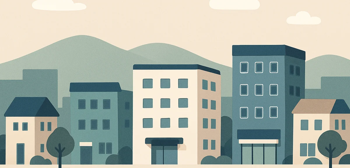 A flat illustration of a regional city scene with small and mid-sized company buildings, warm pastel