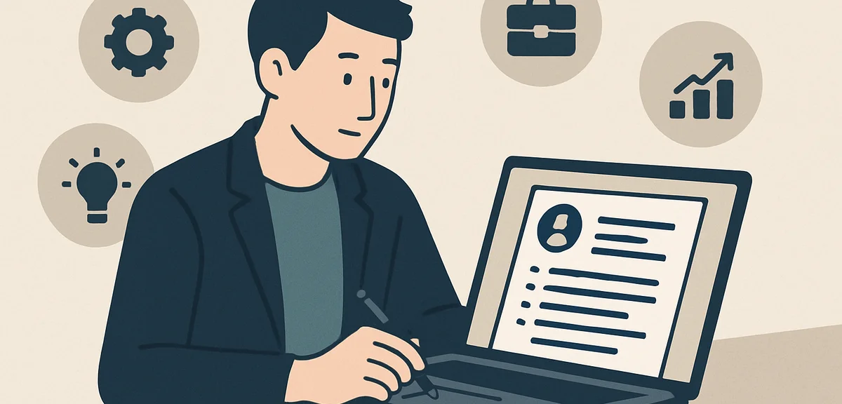 A flat illustration of a person writing a polished resume on a laptop with skill icons around, warm 