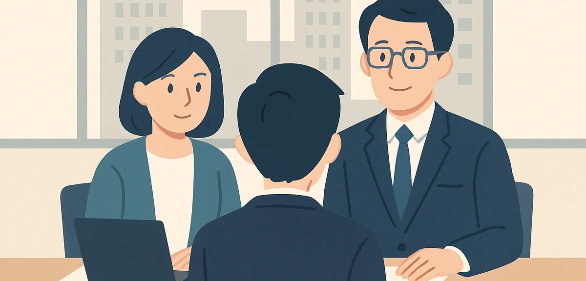 A flat illustration of a job interview scene at a large corporate office, soft cream and blue tones,