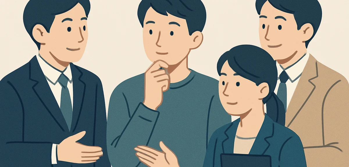 A flat illustration of multiple recruiter agencies represented as figures around a candidate, calm p