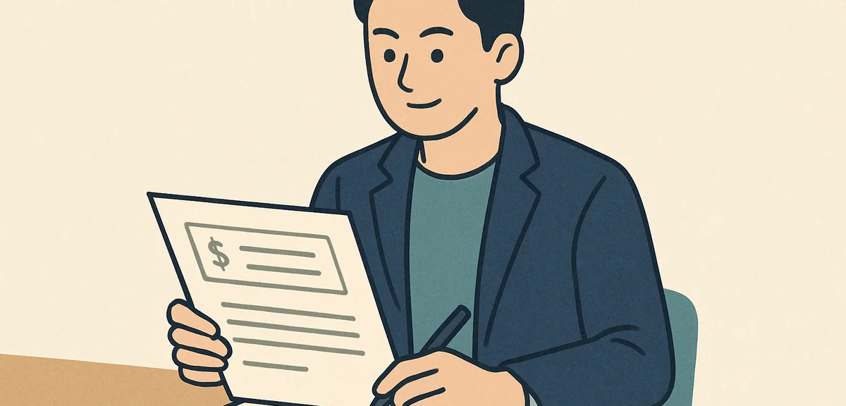 A flat illustration of a person reviewing salary negotiation papers with confidence, muted earth ton