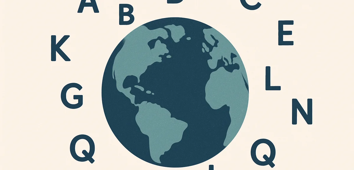 A flat illustration of a globe with English alphabet floating around it, calm navy and teal colors, 
