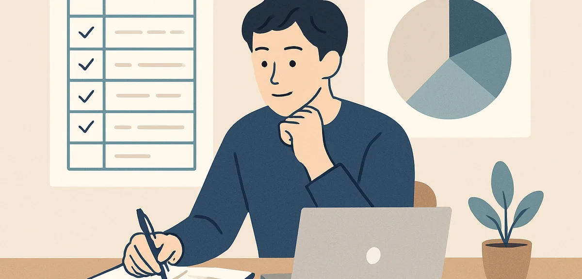 A flat illustration of a person at a desk with study schedule and time management chart, soft warm t