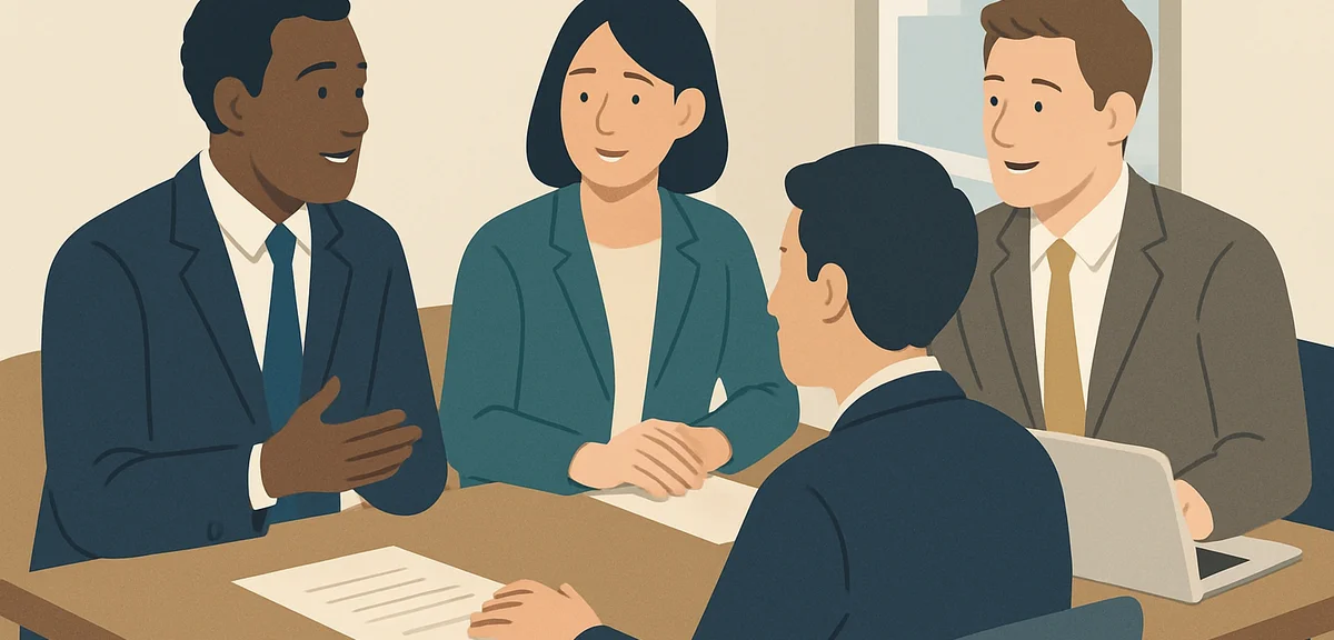 A flat illustration of international business meeting with people from different backgrounds, muted 
