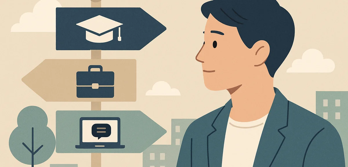 A flat illustration of various career paths represented by signposts with English-related icons, war