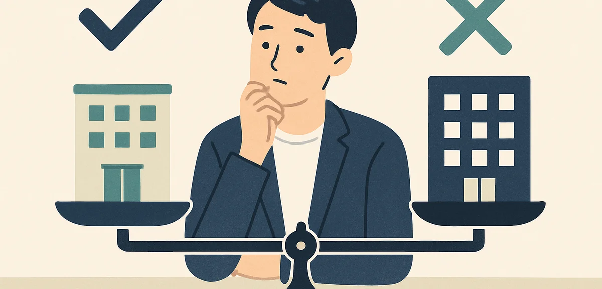 A flat illustration of scales weighing pros and cons of two office buildings, soft cream and navy pa