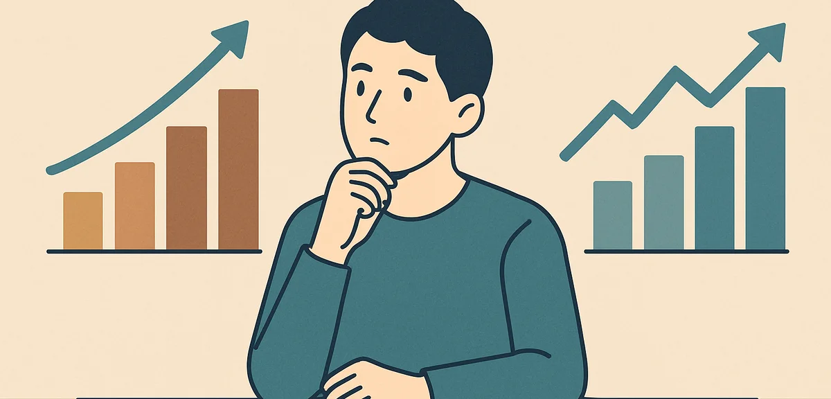 A flat illustration of two career growth charts showing different paths, muted earth and teal tones,