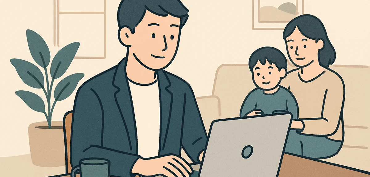 A flat illustration of a person with family at home representing work-life balance, warm pastel colo