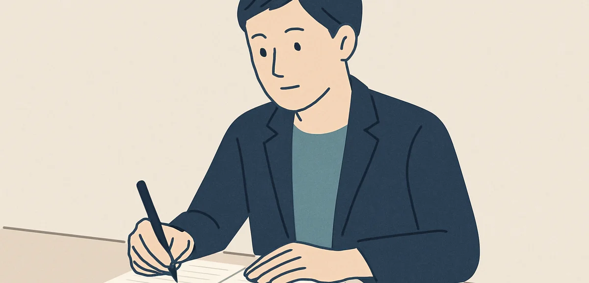 A flat illustration of a person thoughtfully writing values and priorities on a notebook, calm busin