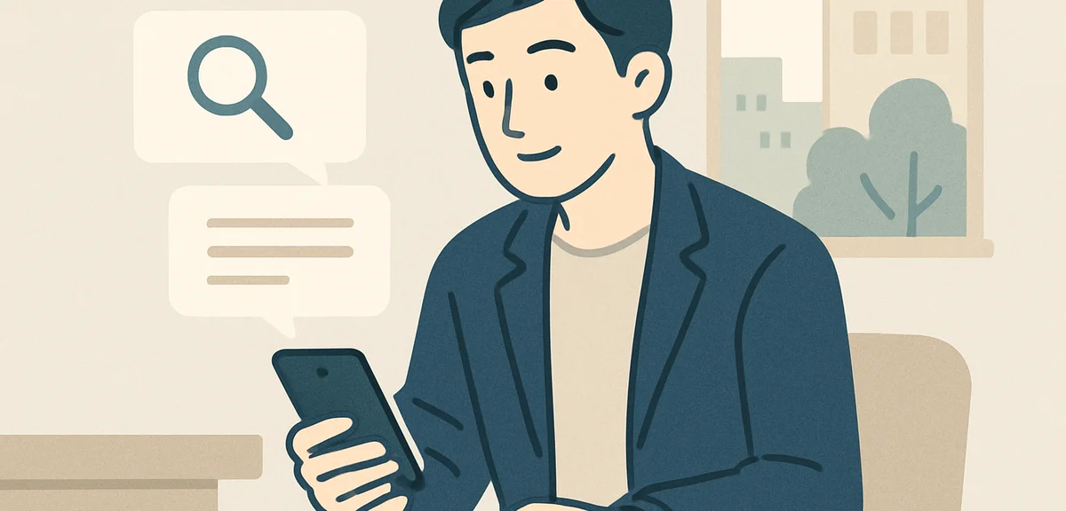 A flat illustration of a person receiving scout messages on a phone, calm pastel business colors, cl