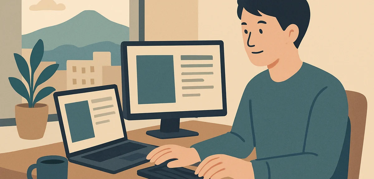 A flat illustration of a remote worker in a regional city working with multiple monitors, warm earth