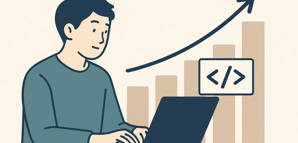 A flat illustration of a salary growth chart with code symbols, muted blue and warm tones, modern fl