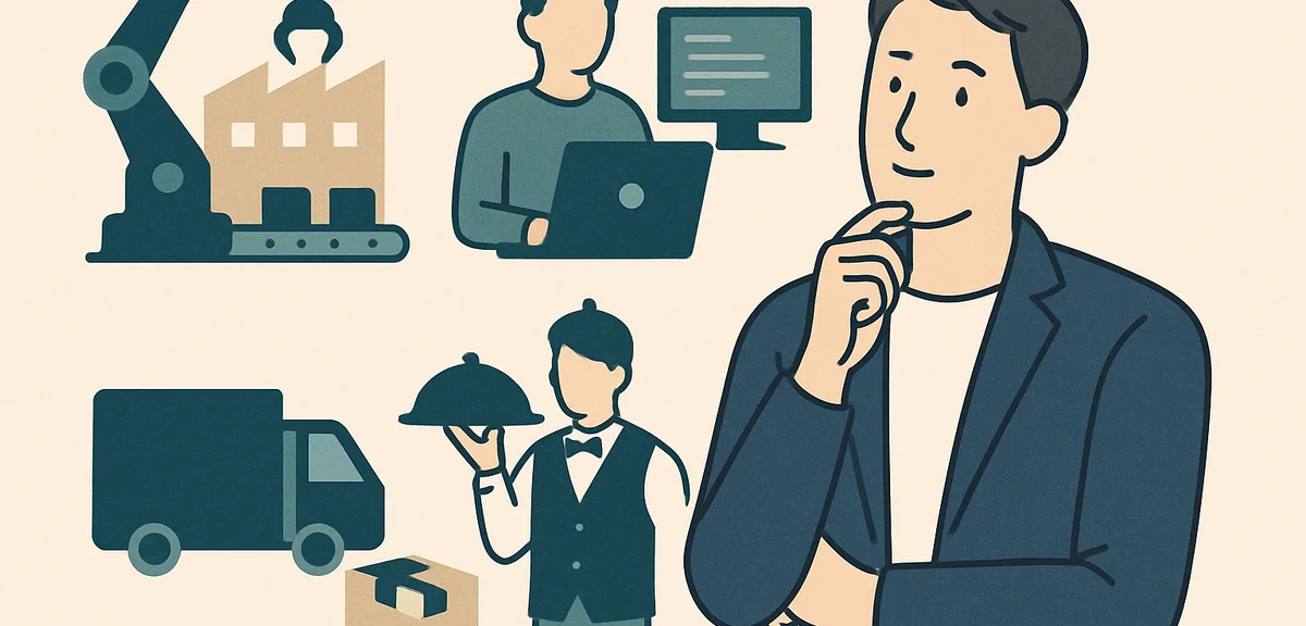 A flat illustration of various industry icons including manufacturing, IT, logistics, and service re