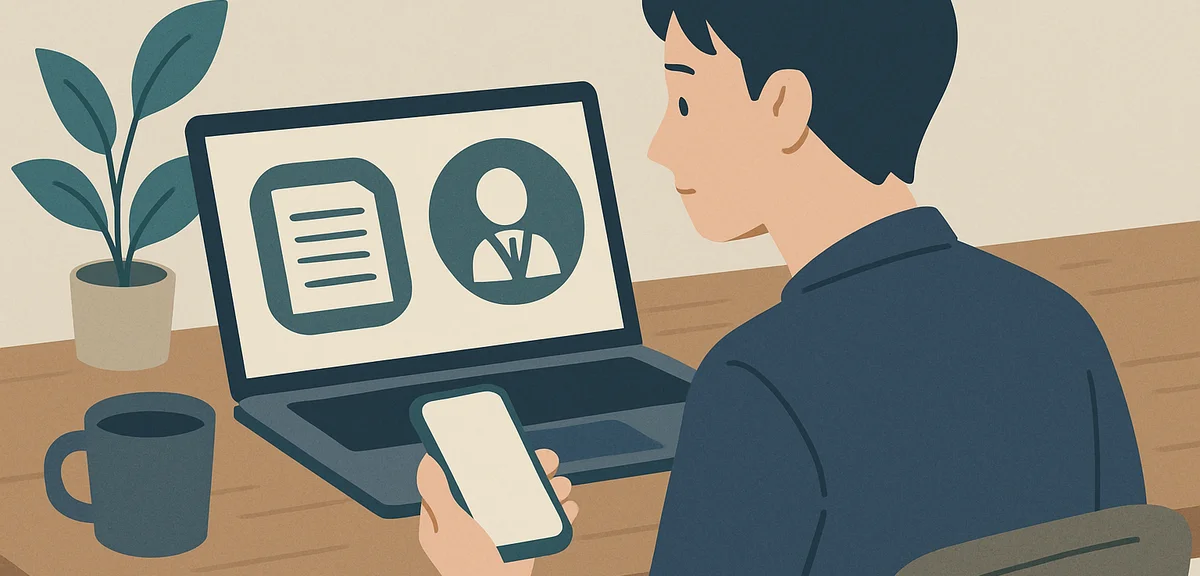 A flat illustration of a person comparing job sites and agent options on a desk, calm navy and earth