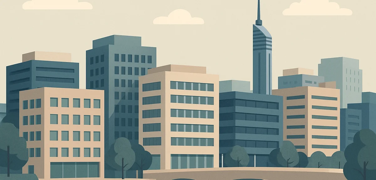 A flat illustration of a Fukuoka downtown business district with office buildings, soft pastel color