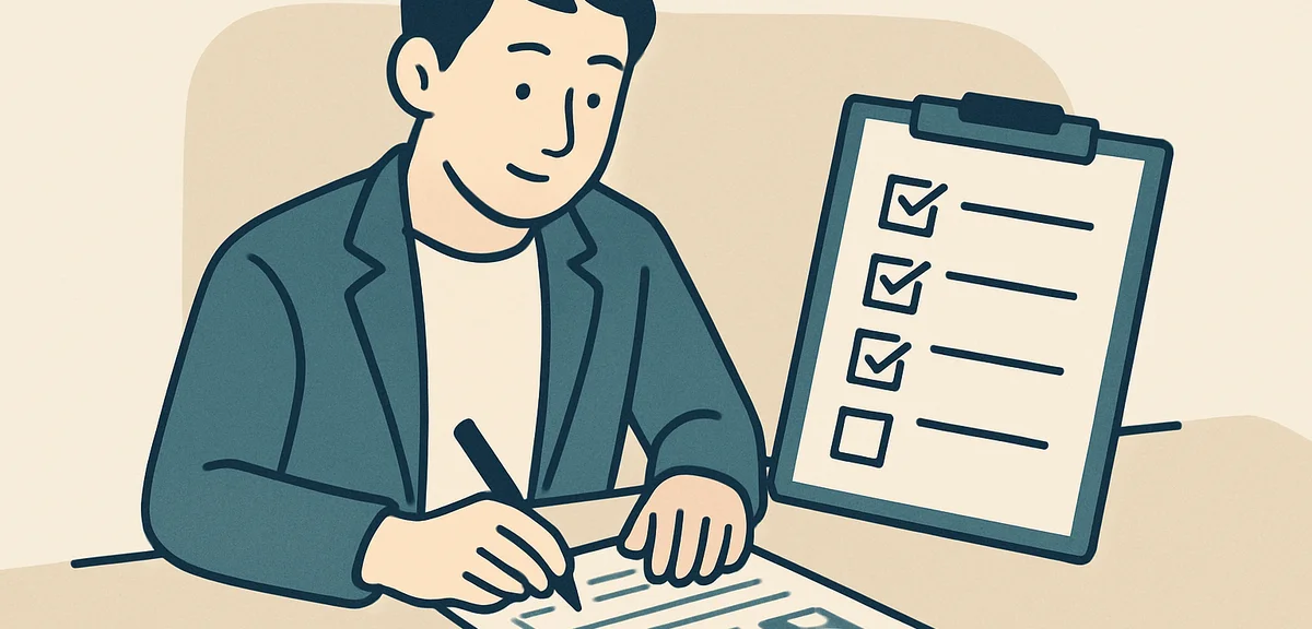 A flat illustration of a person preparing application documents with a checklist, muted blue and cre