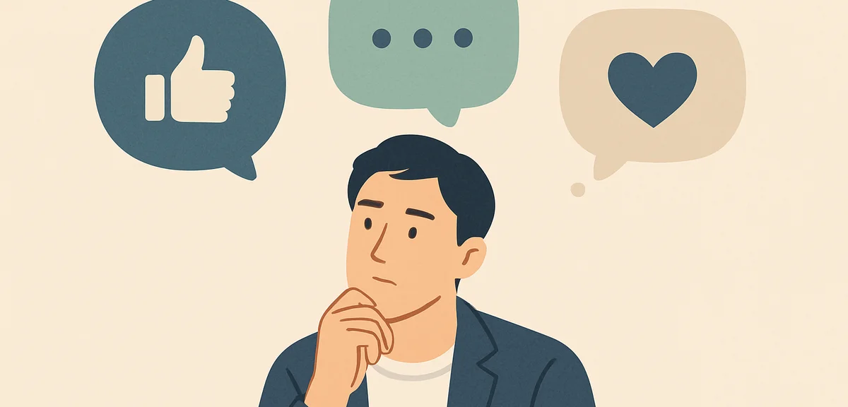 A flat illustration of social media speech bubbles around a thoughtful figure, soft cream and teal t