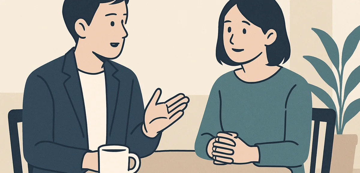 A flat illustration of two people discussing career experiences at a cafe, calm pastel business colo