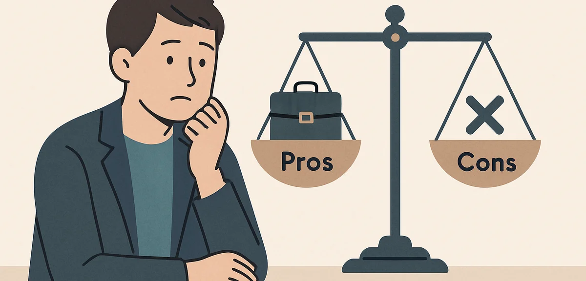 A flat illustration of a balance scale weighing pros and cons of career change, muted blue and warm 