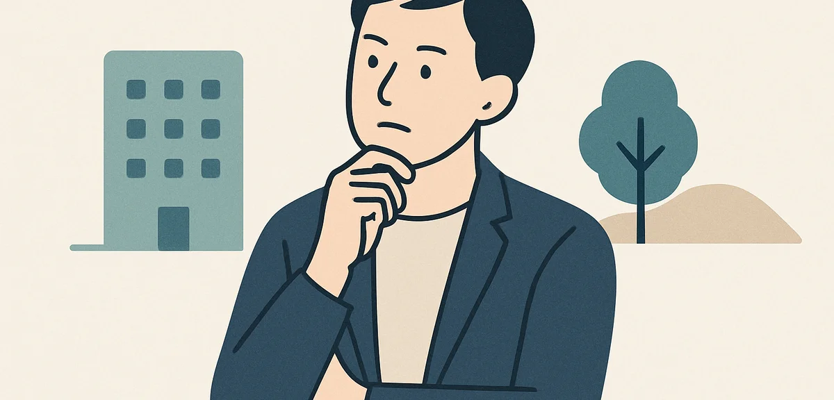 A flat illustration of a 30s person making a thoughtful career decision, soft earth tones with navy 