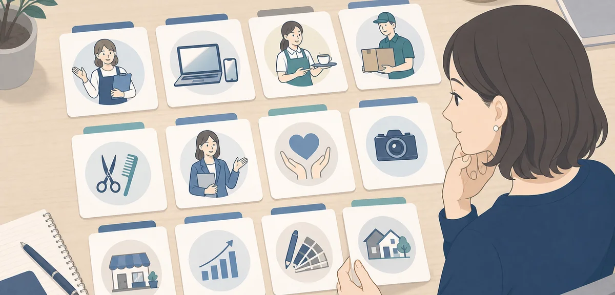 A flat illustration showing several different service icons arranged in categories on a desk, soft c