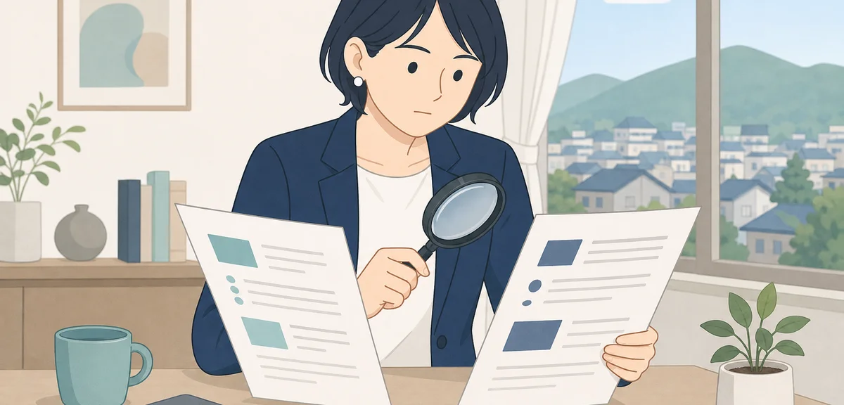 A flat illustration of a person carefully comparing two documents with a magnifying glass, calm past