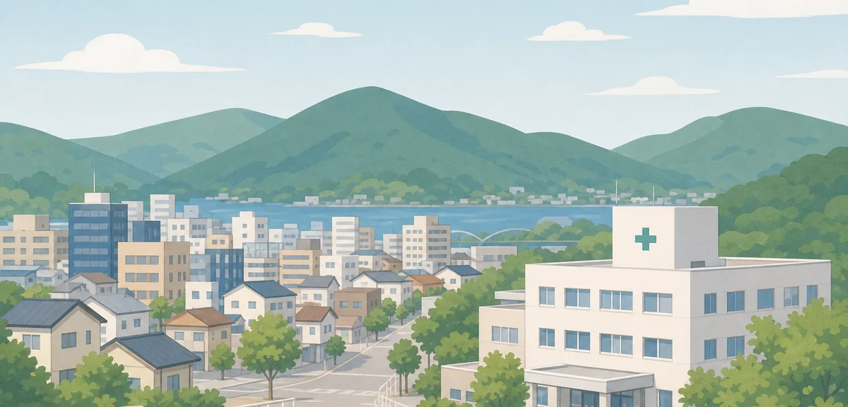 A flat illustration of a regional Japanese city skyline with a small hospital building and green hil