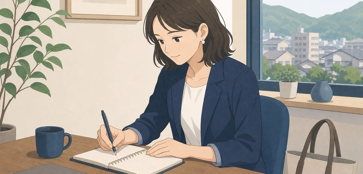 A flat illustration of a person writing notes in a notebook before a meeting, muted blue and warm to