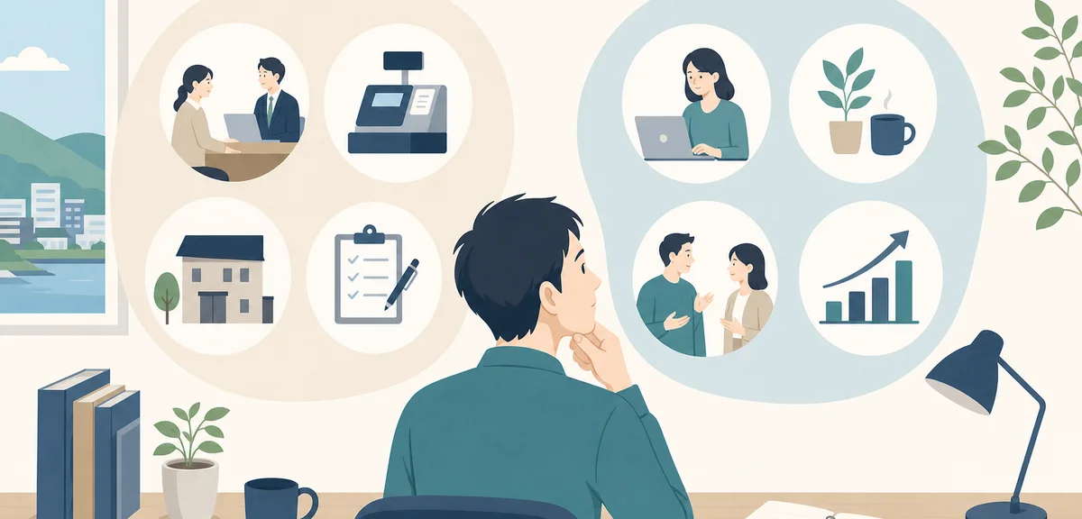 A flat illustration comparing two groups of service icons side by side on a desk, soft cream and nav