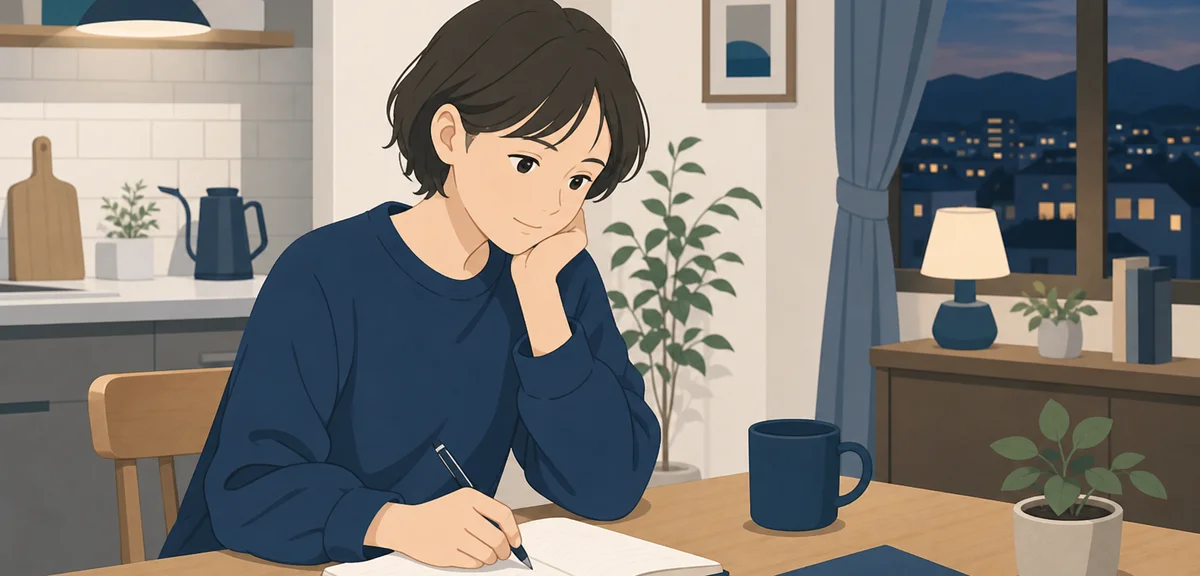 A flat illustration of a young person writing career notes at a kitchen table in the evening, calm p