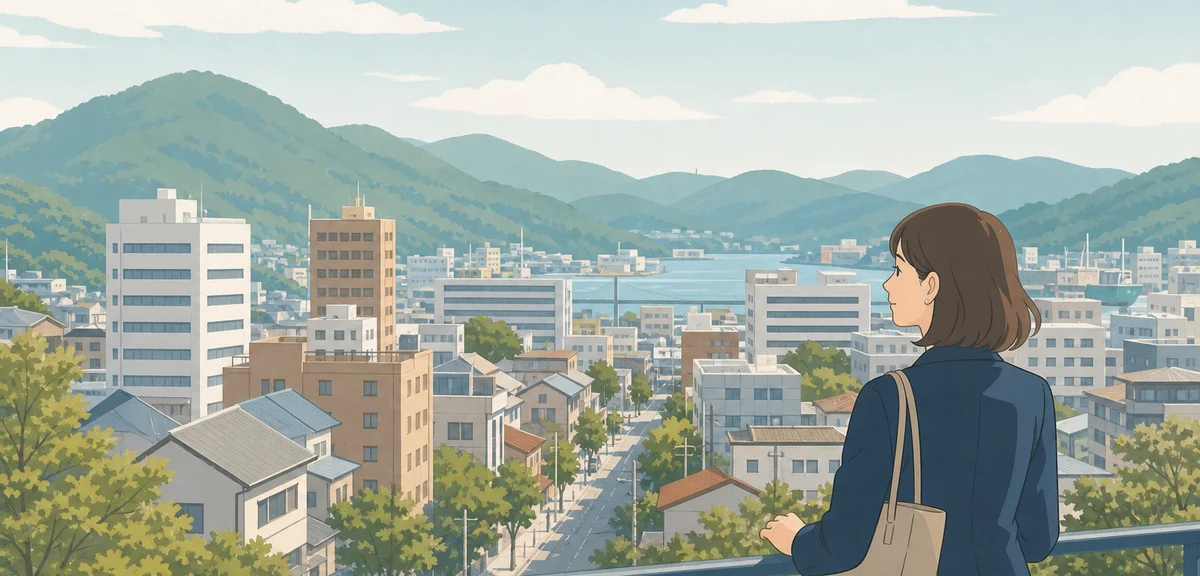 A flat illustration of a regional Japanese town with small office buildings and hills in the backgro