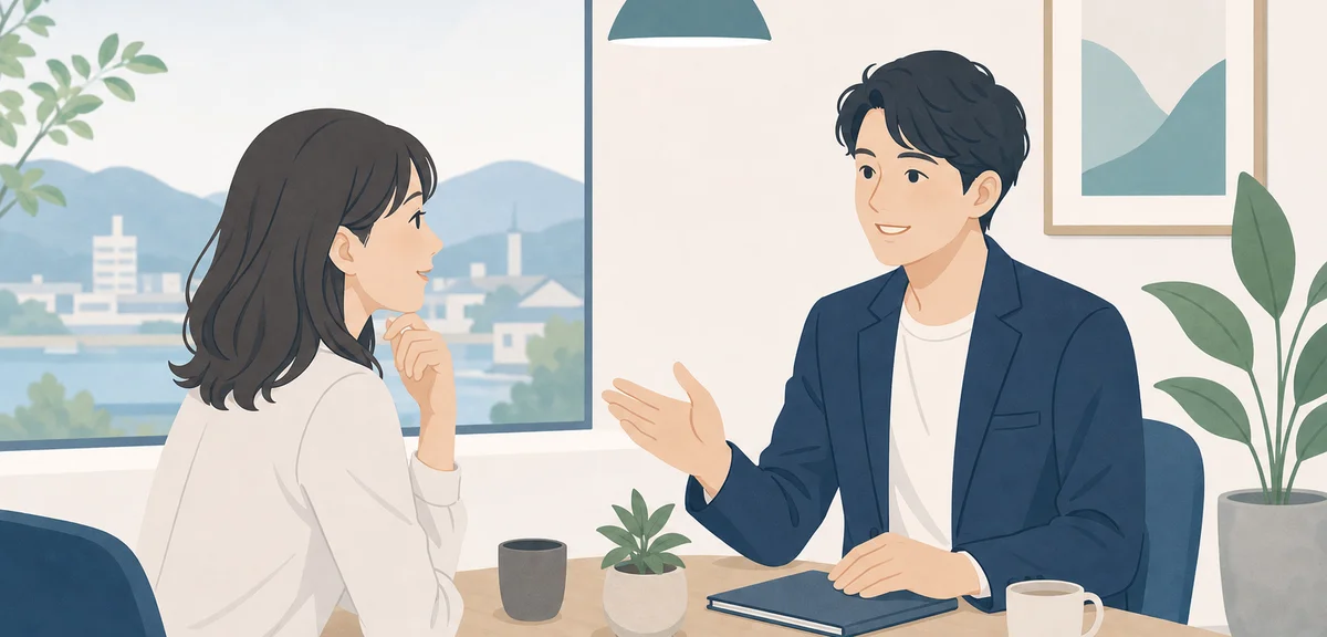 A flat illustration of two people having a calm one-on-one conversation across a small table, muted 