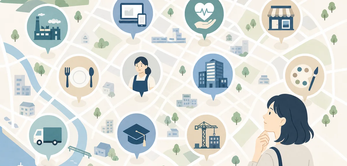 A flat illustration of industry category icons arranged on a city map, soft cream and navy tones, mi