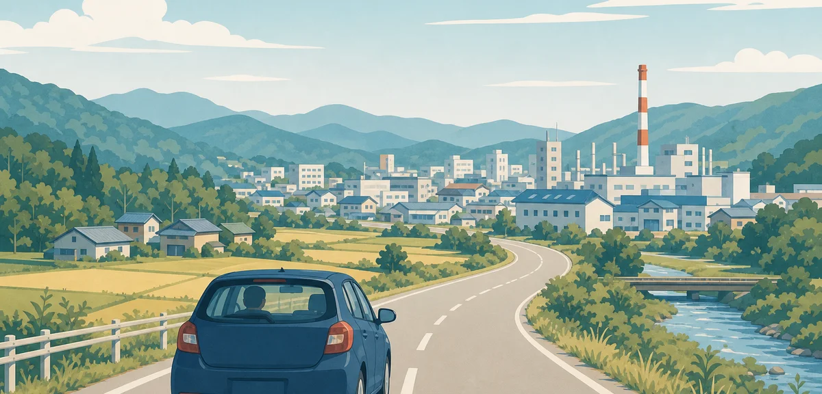 A flat illustration of a car driving along a rural road toward a small factory town, warm earth and