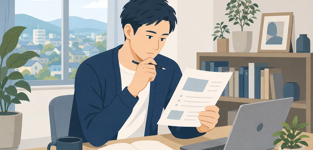 A flat illustration of a person reading a job posting document closely with a pen in hand, muted blu