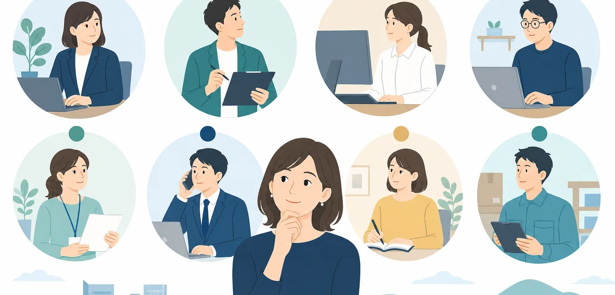 A flat illustration of different office role icons separated into categories, calm pastel business c