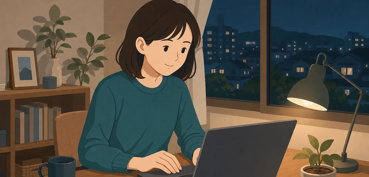 A flat illustration of a person practicing spreadsheet work on a laptop at home in the evening, warm
