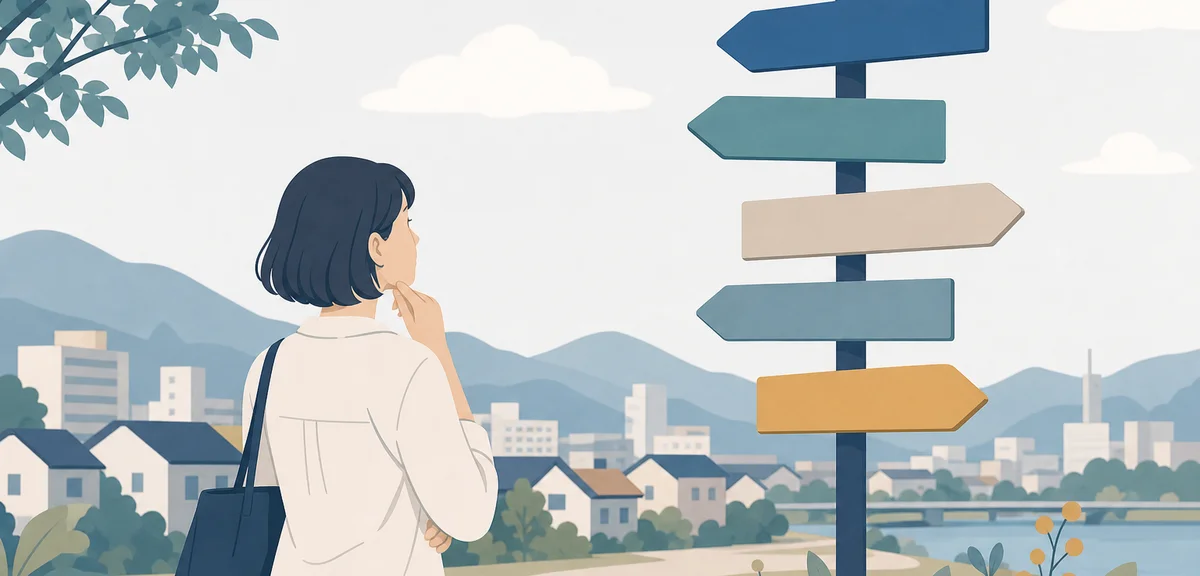 A flat illustration of a signpost showing several different career direction arrows, muted blue and