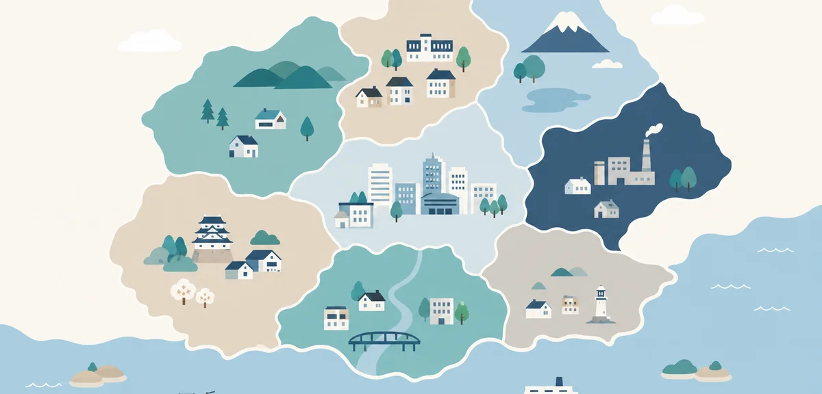 A flat illustration of a simple regional map divided into several districts with small icons, soft c