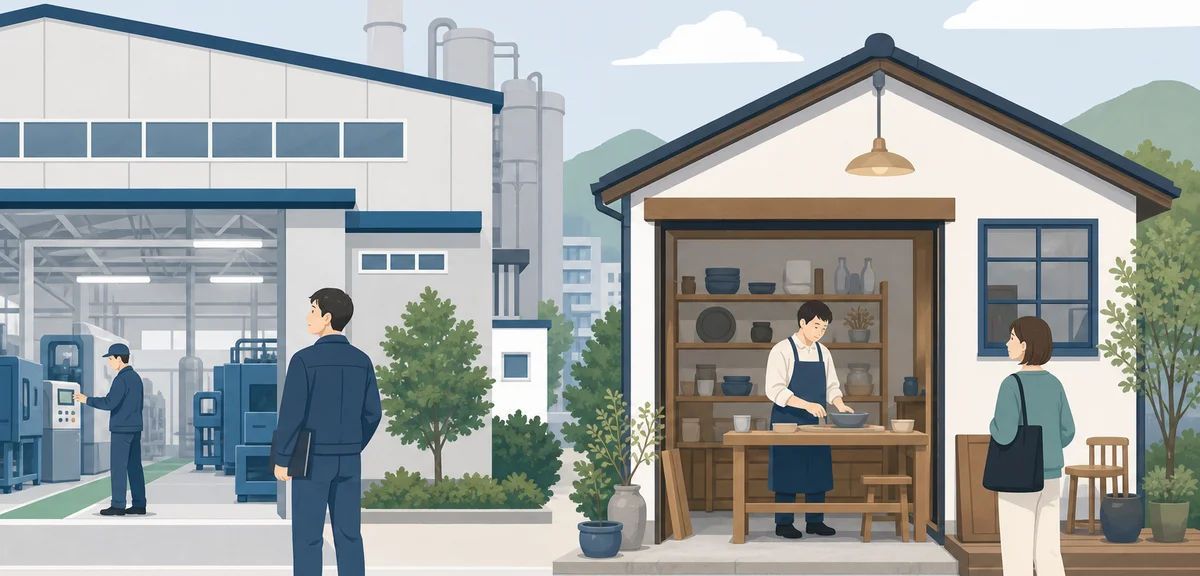 A flat illustration of a factory and a craft workshop standing side by side, calm pastel business co