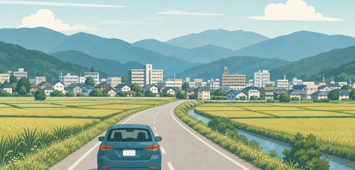 A flat illustration of a car driving on a country road between rice fields toward a small town, warm