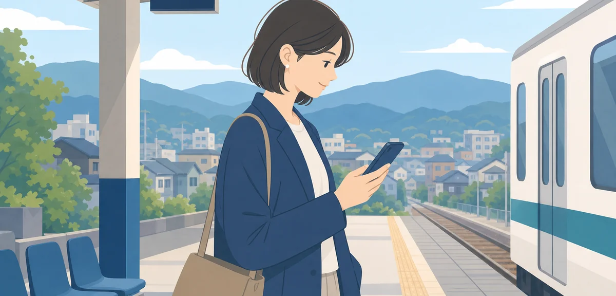 A flat illustration of a person checking job listings on a smartphone at a station platform, muted b