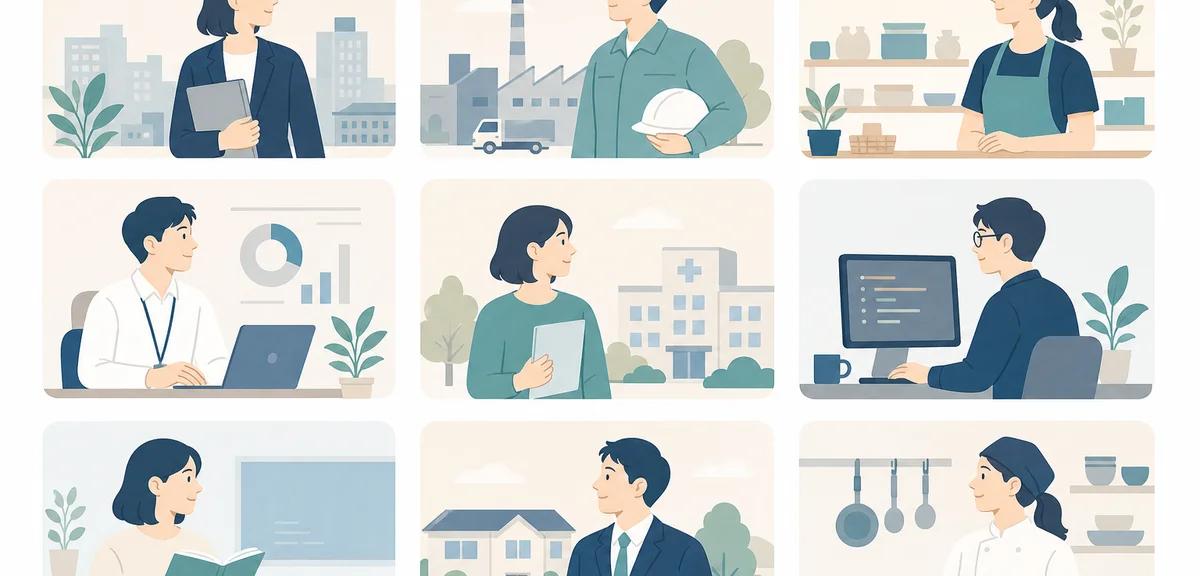 A flat illustration of different industry category icons arranged in a grid, soft cream and navy ton
