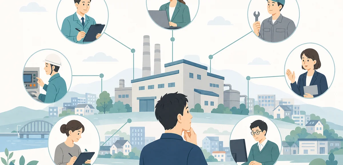 A flat illustration of several job role icons connected by lines around a factory building, calm pas